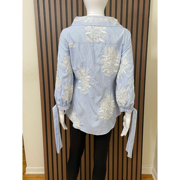 Alice + Olivia Toro Women's M Blue Button-Up Polyester Blend Shirt Pinstripe - Picture 2 of 9